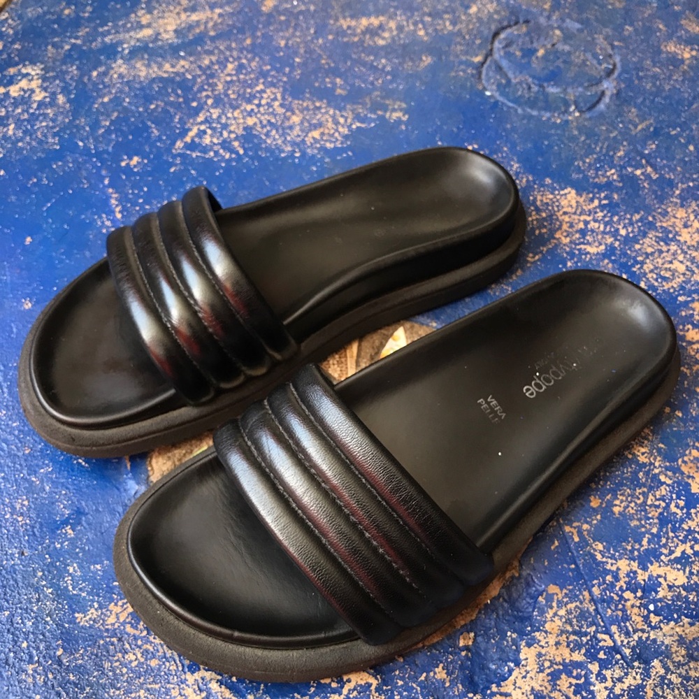 Black Leather Gravity Pope Slide Sandals